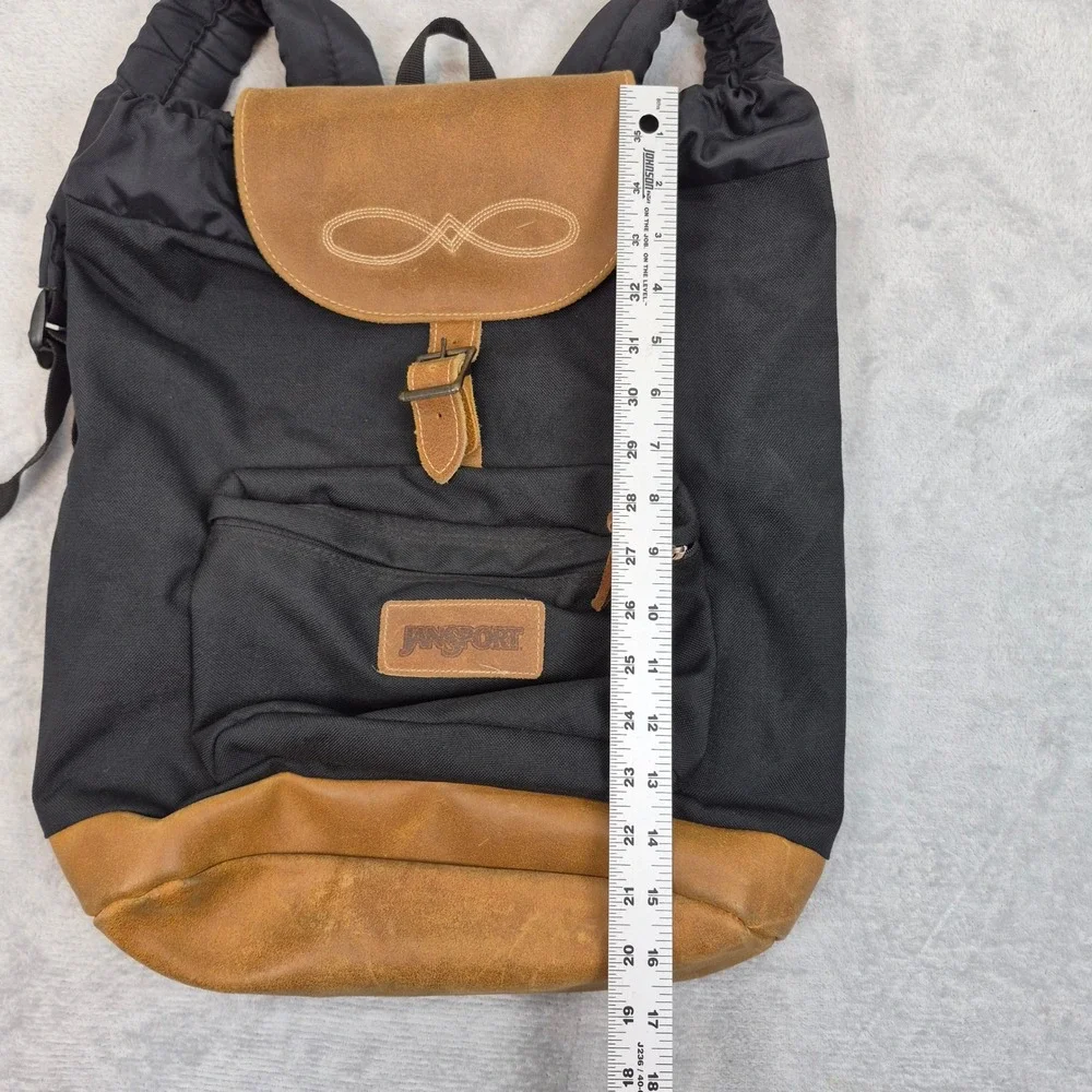 Vintage JanSport Backpack Black Canvas Tan Leather Bottom Rucksack Made in USA
